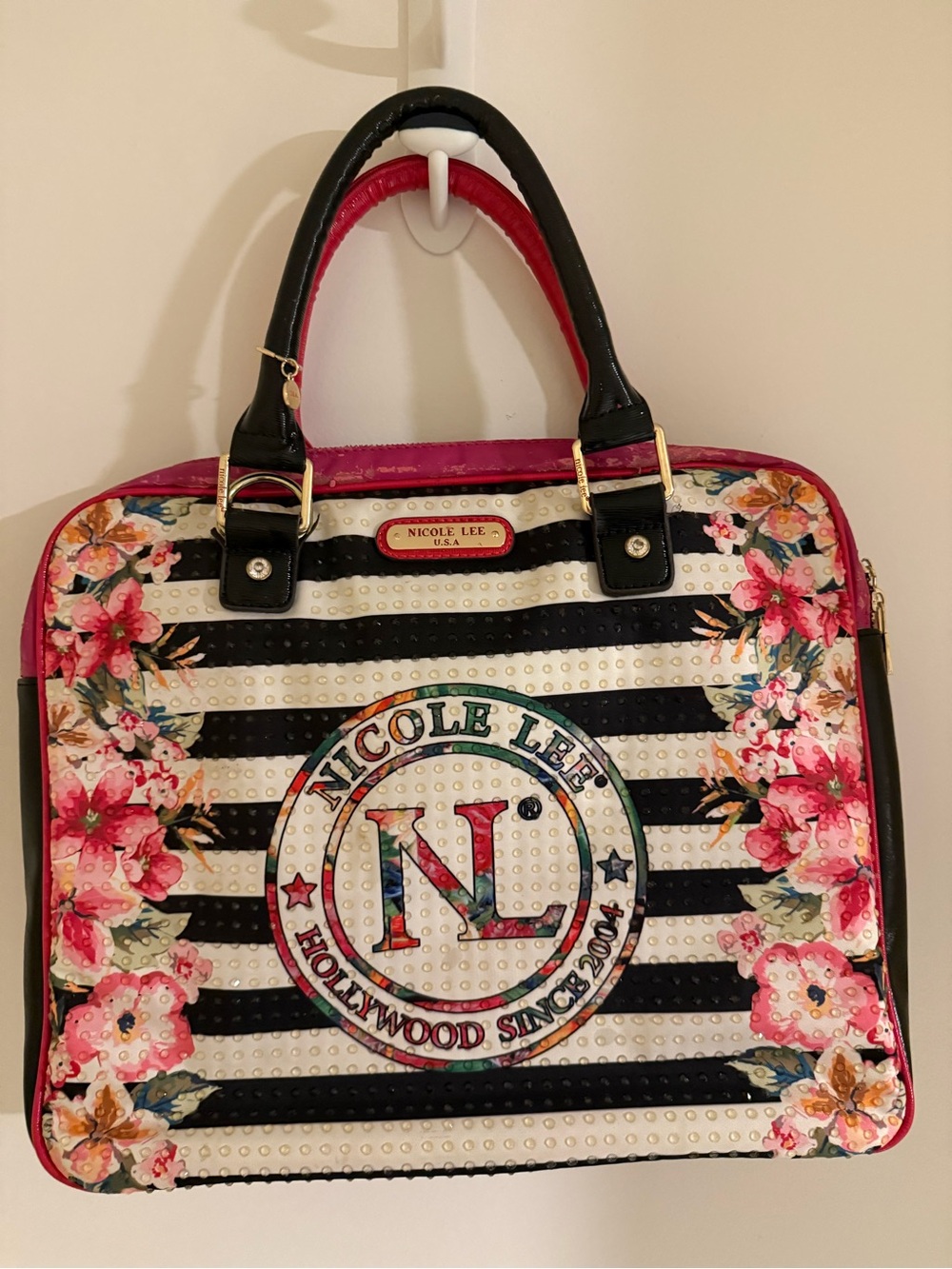 Vintage Nicole Lee Pink Floral Striped RhinestonSatchel Bag